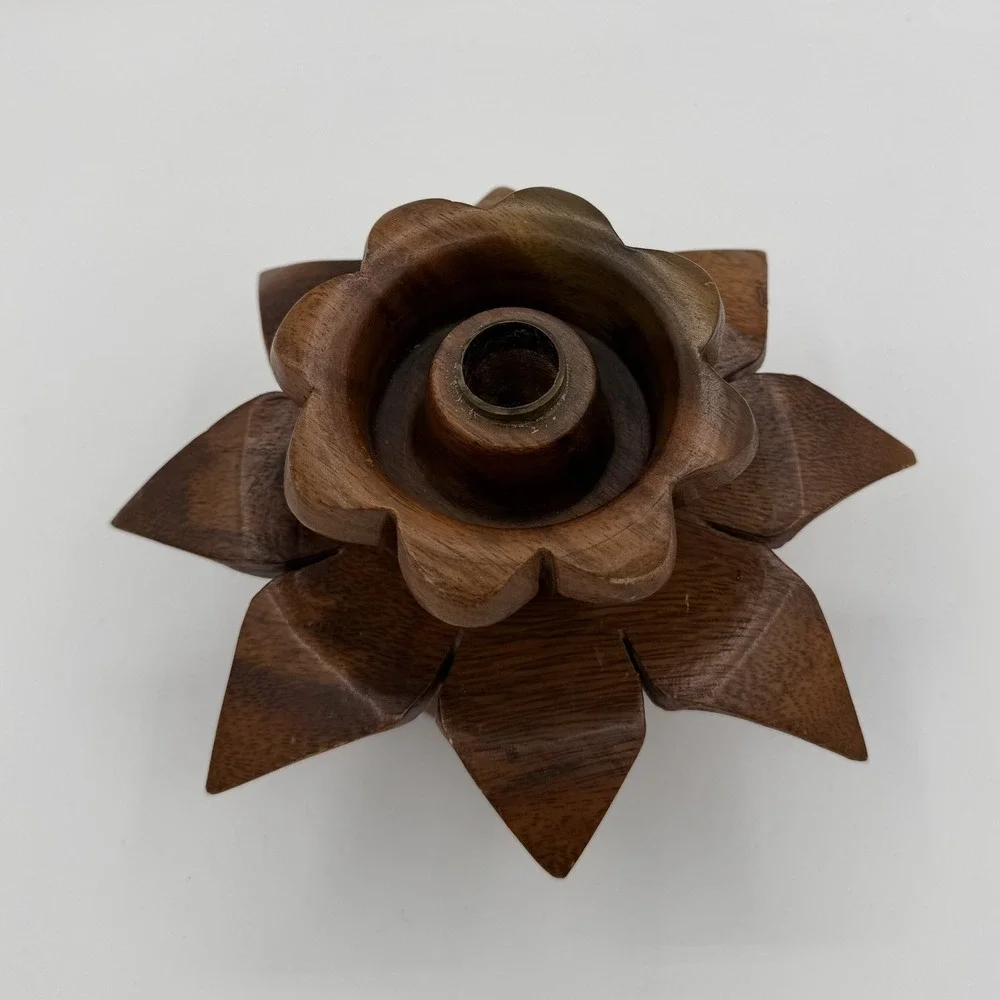 Vintage Hand Carved Wooden Lotus Flower‎ Candle Holder Philippine Handicrafts